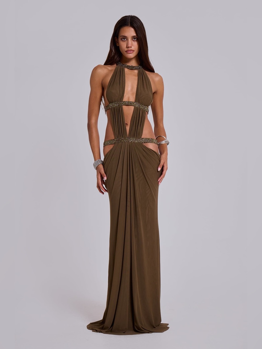 JADED LONDON 6AM Cutout Maxi Dress in Moss 0